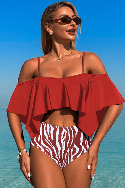 Two-piece swimsuit with large ruffled sleeves and floral shorts - Seldom Seen Styles