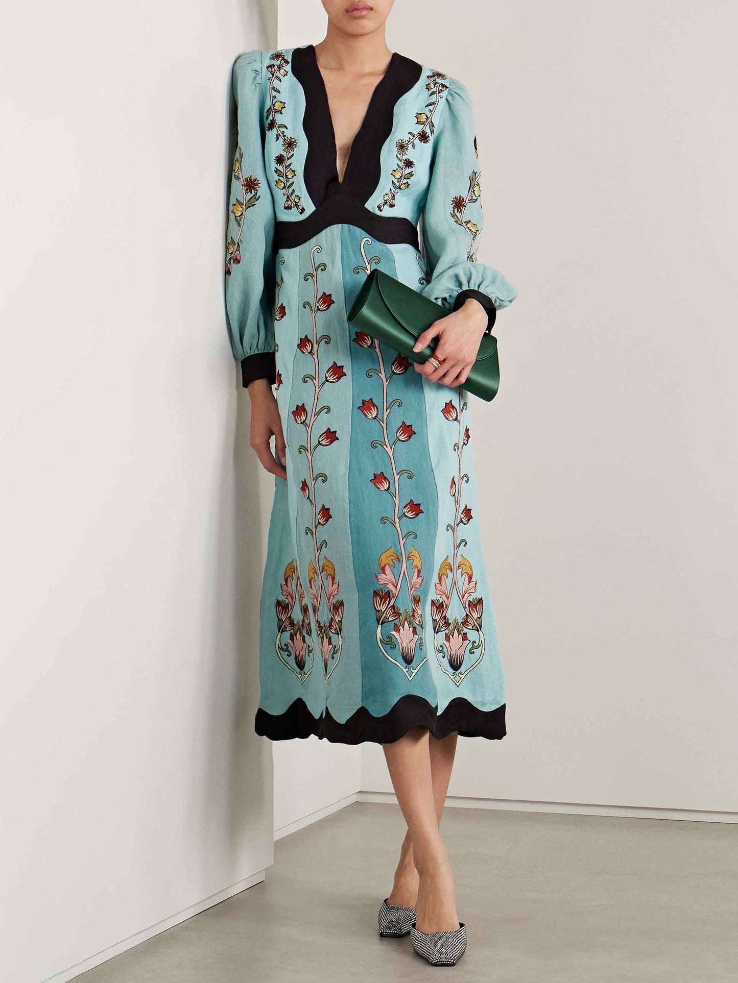 Unique Floral Print Contrast Long Sleeve Midi Dress - Seldom Seen Styles