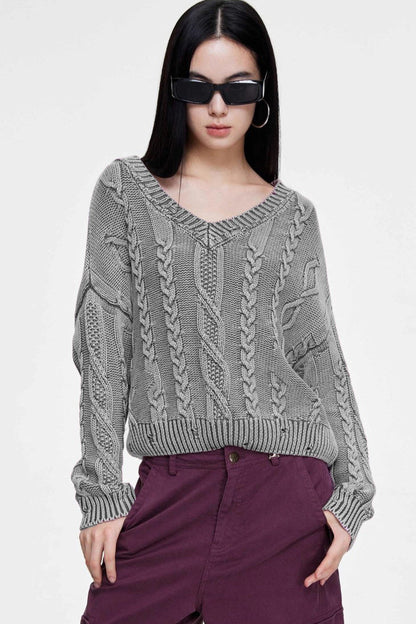 V-Neck  Cable Womens Sweaters Spring 2025 Cable Knit Long Sleeve Sweater Chunky Pullover Loose Outfits - Seldom Seen Styles