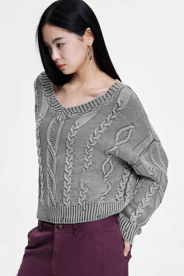 V-Neck  Cable Womens Sweaters Spring 2025 Cable Knit Long Sleeve Sweater Chunky Pullover Loose Outfits - Seldom Seen Styles