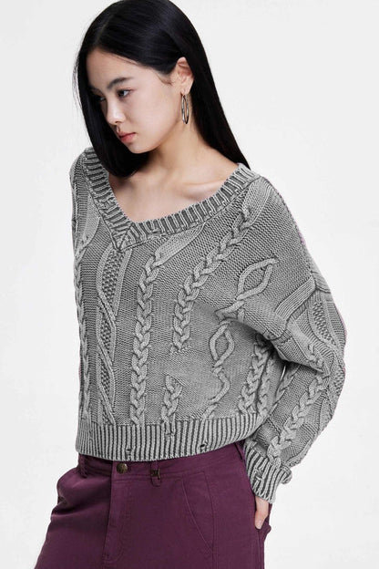 V-Neck  Cable Womens Sweaters Spring 2025 Cable Knit Long Sleeve Sweater Chunky Pullover Loose Outfits - Seldom Seen Styles