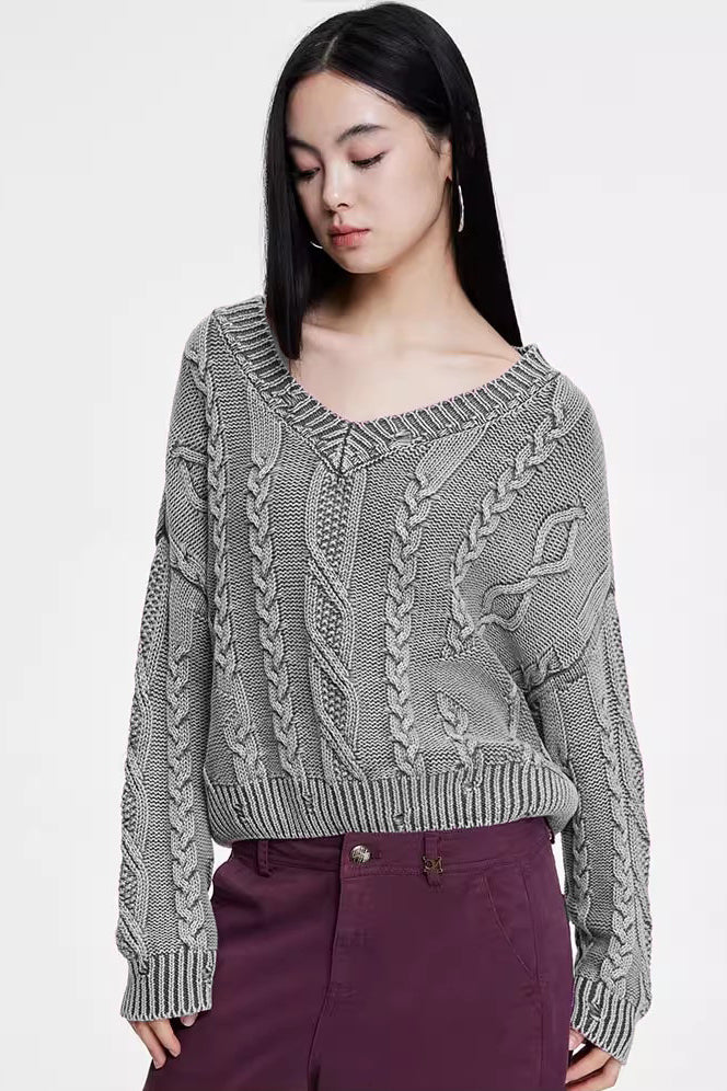 V-Neck  Cable Womens Sweaters Spring 2025 Cable Knit Long Sleeve Sweater Chunky Pullover Loose Outfits - Seldom Seen Styles