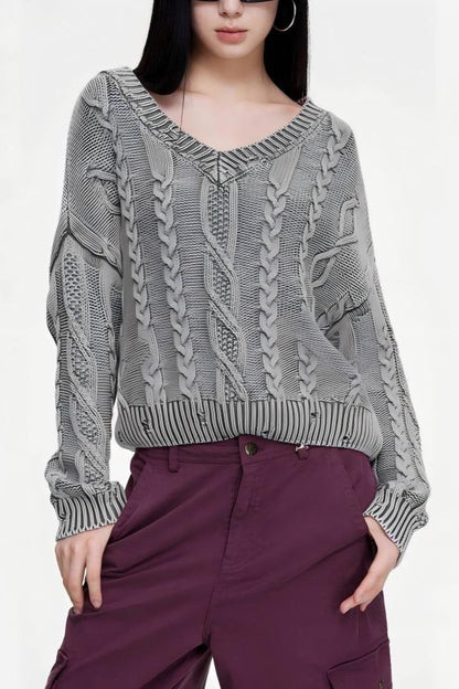 V-Neck  Cable Womens Sweaters Spring 2025 Cable Knit Long Sleeve Sweater Chunky Pullover Loose Outfits - Seldom Seen Styles