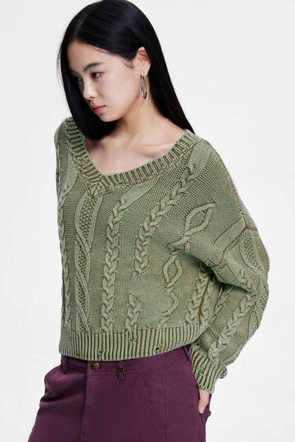 V-Neck  Cable Womens Sweaters Spring 2025 Cable Knit Long Sleeve Sweater Chunky Pullover Loose Outfits - Seldom Seen Styles