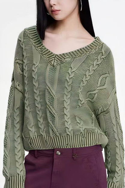 V-Neck  Cable Womens Sweaters Spring 2025 Cable Knit Long Sleeve Sweater Chunky Pullover Loose Outfits - Seldom Seen Styles