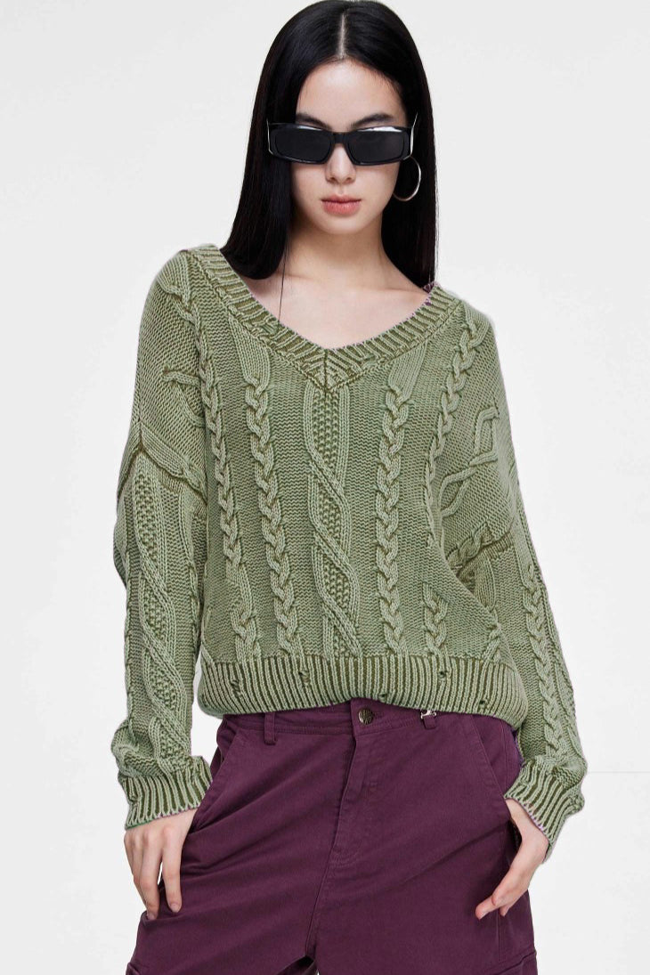 V-Neck  Cable Womens Sweaters Spring 2025 Cable Knit Long Sleeve Sweater Chunky Pullover Loose Outfits - Seldom Seen Styles