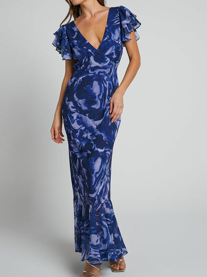 V Neck Flutter Sleeve Maxi Dress In Navy Swirl - Seldom Seen Styles