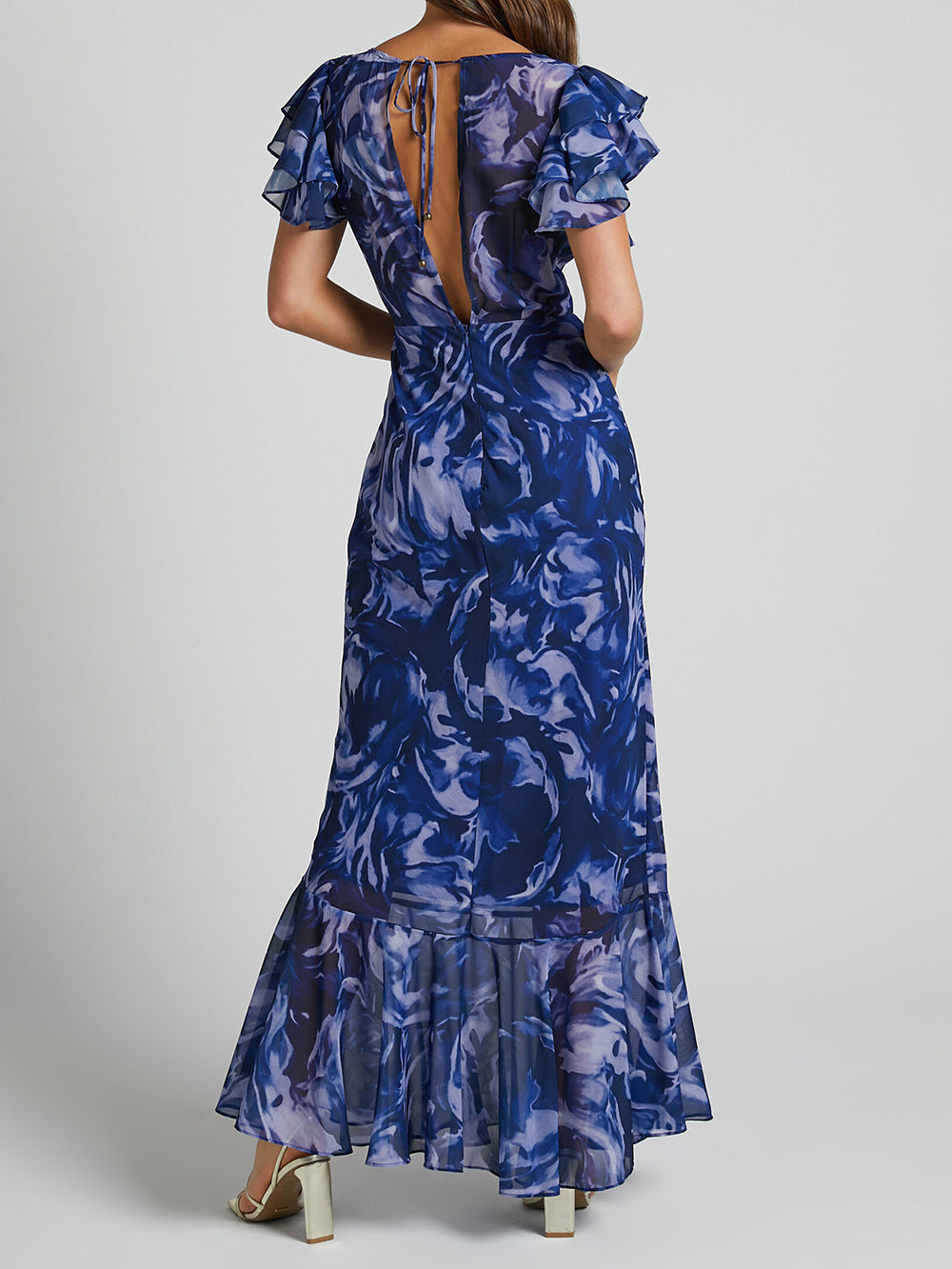 V Neck Flutter Sleeve Maxi Dress In Navy Swirl - Seldom Seen Styles