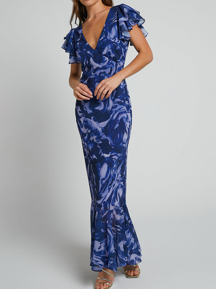 V Neck Flutter Sleeve Maxi Dress In Navy Swirl - Seldom Seen Styles