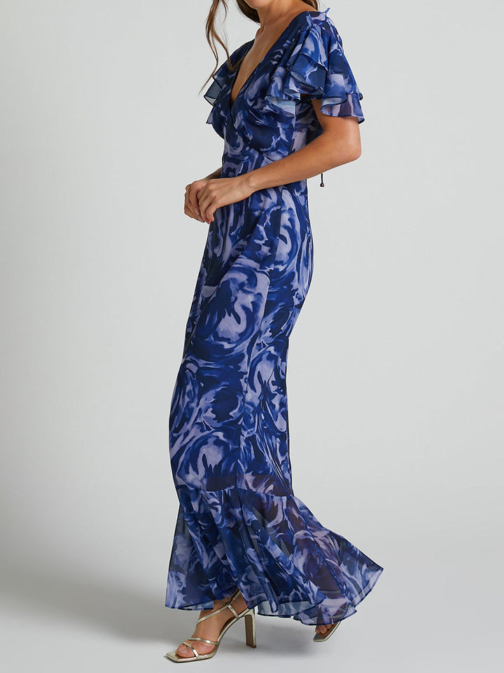 V Neck Flutter Sleeve Maxi Dress In Navy Swirl - Seldom Seen Styles
