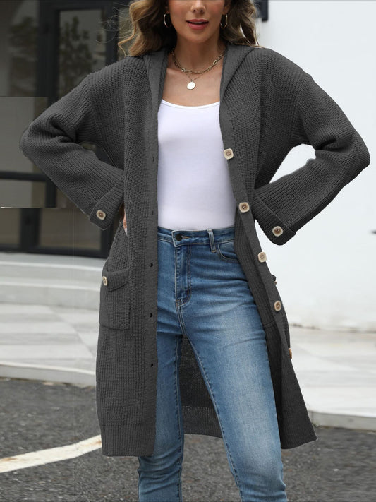 V-Neck LooseWomen's Hooded Button Down Cardigan 2025 Fall Long Sleeve Knit Sweater, Casual Chunky Open Front Oversized Outerwear - Seldom Seen Styles