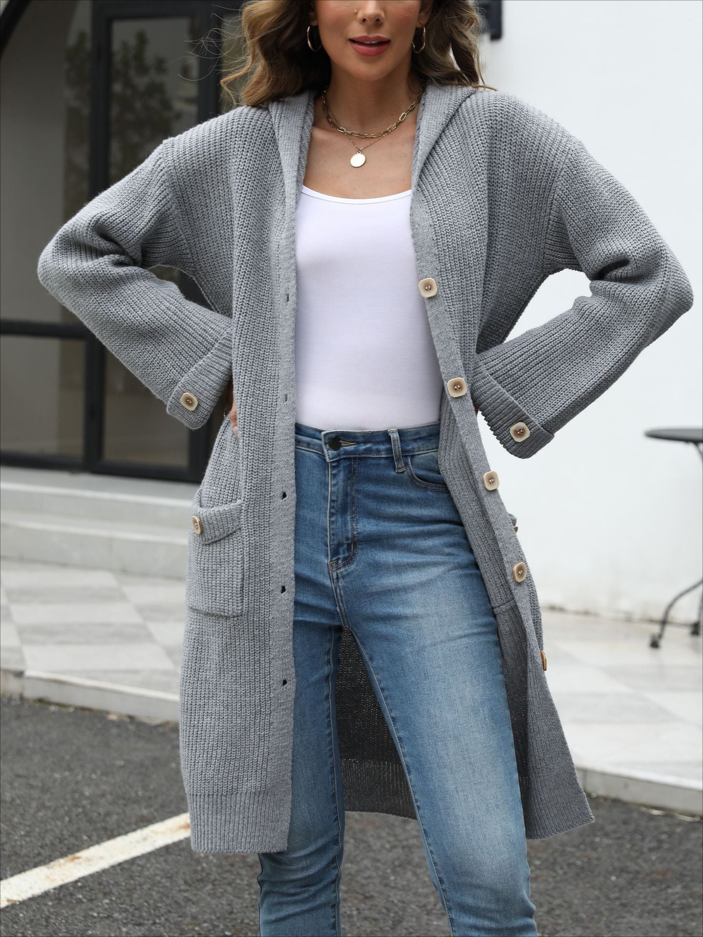 V-Neck LooseWomen's Hooded Button Down Cardigan 2025 Fall Long Sleeve Knit Sweater, Casual Chunky Open Front Oversized Outerwear - Seldom Seen Styles