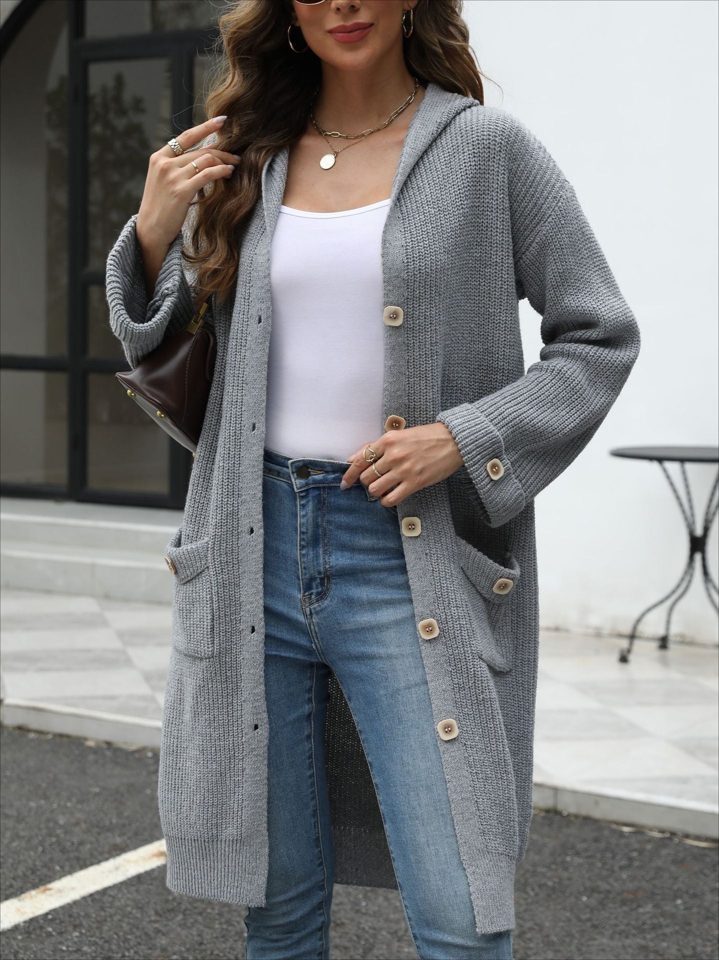 V-Neck LooseWomen's Hooded Button Down Cardigan 2025 Fall Long Sleeve Knit Sweater, Casual Chunky Open Front Oversized Outerwear - Seldom Seen Styles