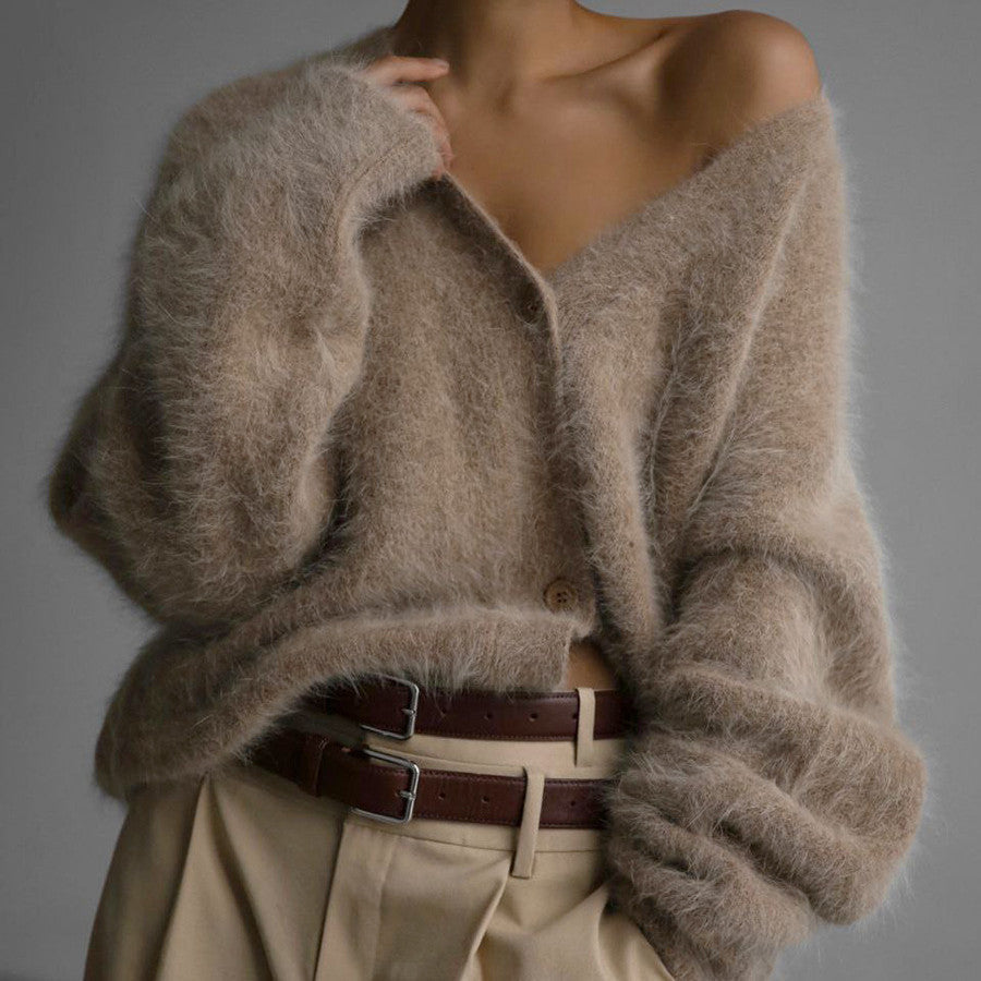 V-Neck Mink Wool Womens Fuzzy Mohair Cardigan Open Front Button Down V Neck Long Sleeve Sweater Slouchy Drop Shoulder Knit Coat - Seldom Seen Styles