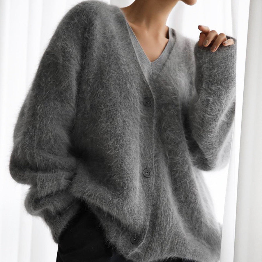 V-Neck Mink Wool Womens Fuzzy Mohair Cardigan Open Front Button Down V Neck Long Sleeve Sweater Slouchy Drop Shoulder Knit Coat - Seldom Seen Styles