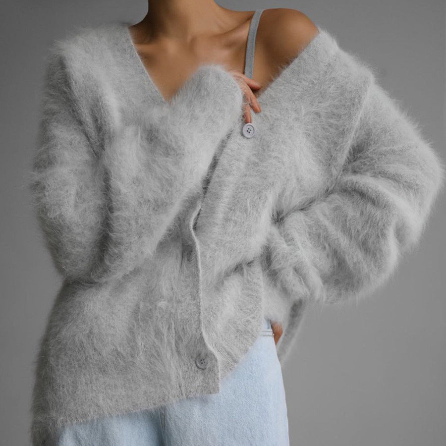 V-Neck Mink Wool Womens Fuzzy Mohair Cardigan Open Front Button Down V Neck Long Sleeve Sweater Slouchy Drop Shoulder Knit Coat - Seldom Seen Styles