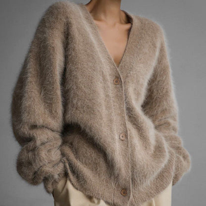 V-Neck Mink Wool Womens Fuzzy Mohair Cardigan Open Front Button Down V Neck Long Sleeve Sweater Slouchy Drop Shoulder Knit Coat - Seldom Seen Styles