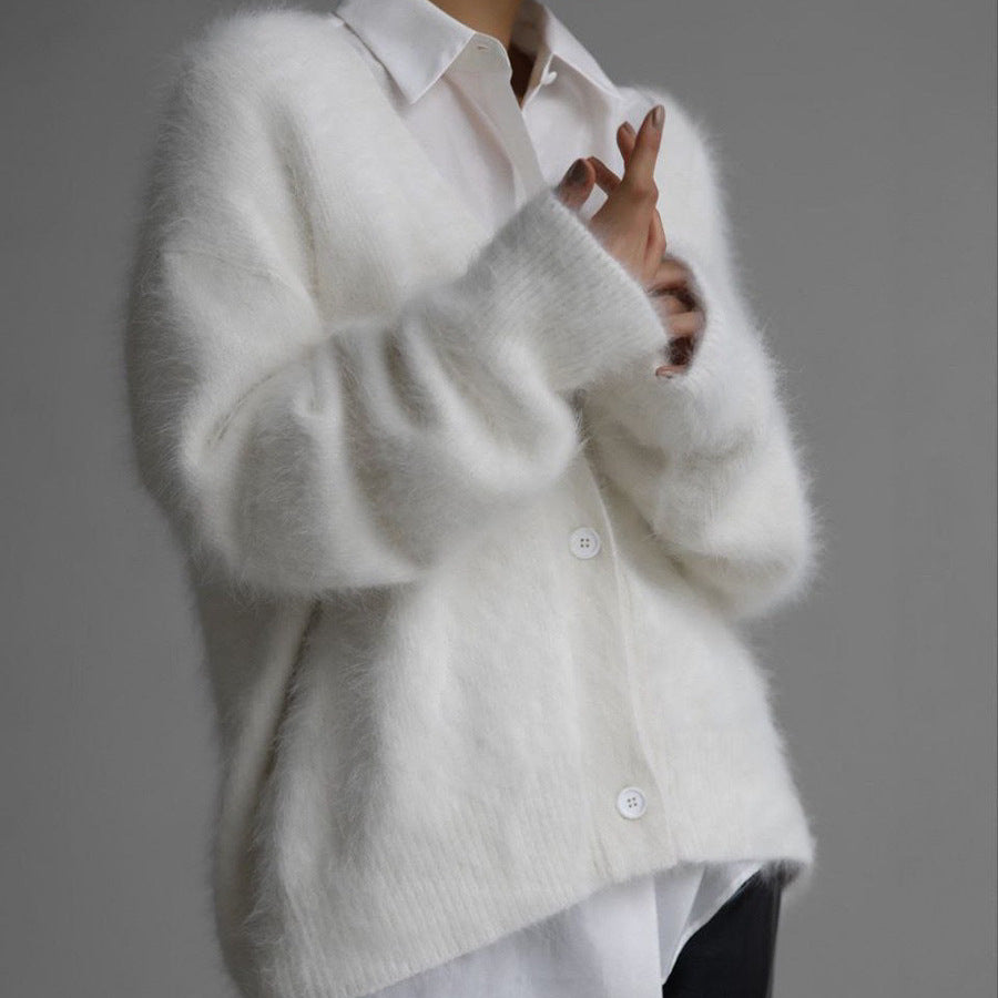 V-Neck Mink Wool Womens Fuzzy Mohair Cardigan Open Front Button Down V Neck Long Sleeve Sweater Slouchy Drop Shoulder Knit Coat - Seldom Seen Styles