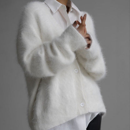 V-Neck Mink Wool Womens Fuzzy Mohair Cardigan Open Front Button Down V Neck Long Sleeve Sweater Slouchy Drop Shoulder Knit Coat - Seldom Seen Styles