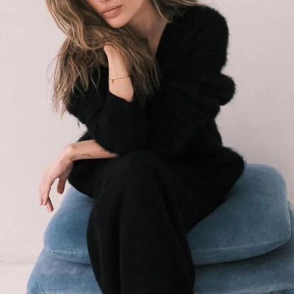 V-Neck Mink Wool Womens Fuzzy Mohair Cardigan Open Front Button Down V Neck Long Sleeve Sweater Slouchy Drop Shoulder Knit Coat - Seldom Seen Styles