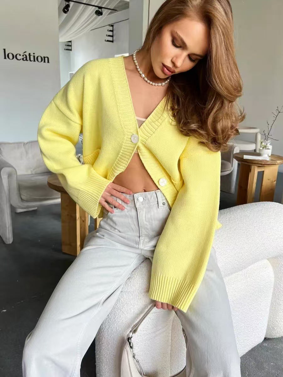 V-Neck Pocket Women's Long Sleeve Knit Sweater Open Front Cardigan Button Loose Outerwear - Seldom Seen Styles