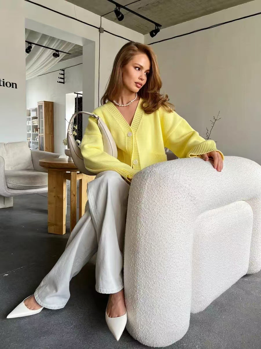 V-Neck Pocket Women's Long Sleeve Knit Sweater Open Front Cardigan Button Loose Outerwear - Seldom Seen Styles