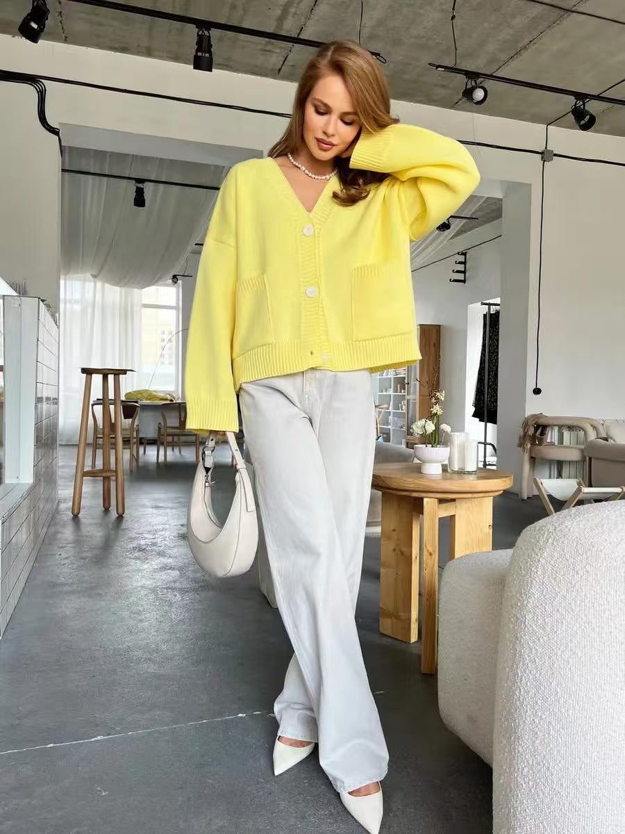 V-Neck Pocket Women's Long Sleeve Knit Sweater Open Front Cardigan Button Loose Outerwear - Seldom Seen Styles