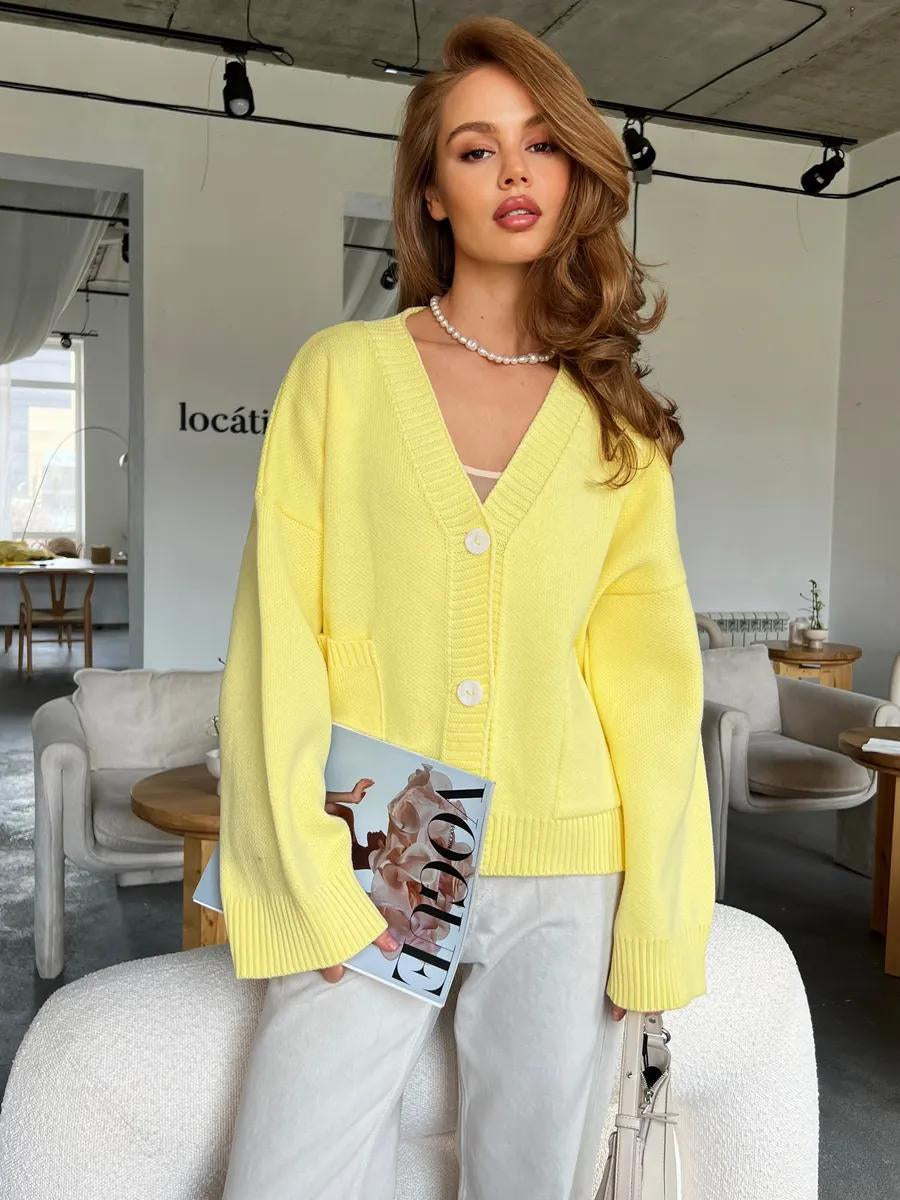 V-Neck Pocket Women's Long Sleeve Knit Sweater Open Front Cardigan Button Loose Outerwear - Seldom Seen Styles