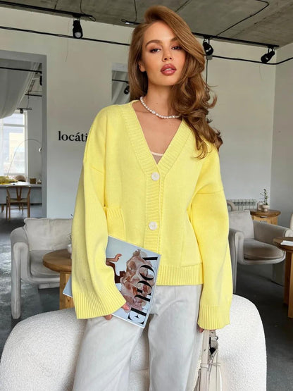 V-Neck Pocket Women's Long Sleeve Knit Sweater Open Front Cardigan Button Loose Outerwear - Seldom Seen Styles