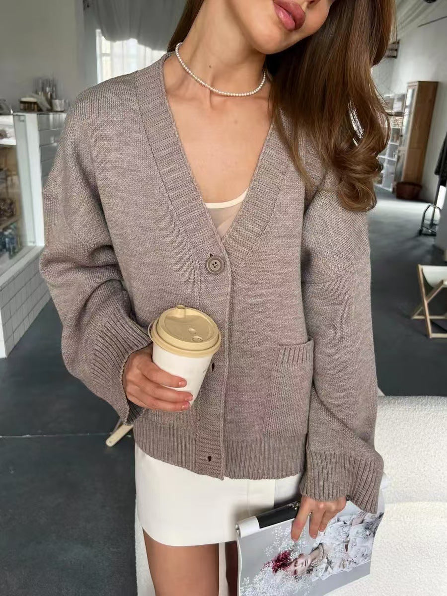 V-Neck Pocket Women's Long Sleeve Knit Sweater Open Front Cardigan Button Loose Outerwear - Seldom Seen Styles