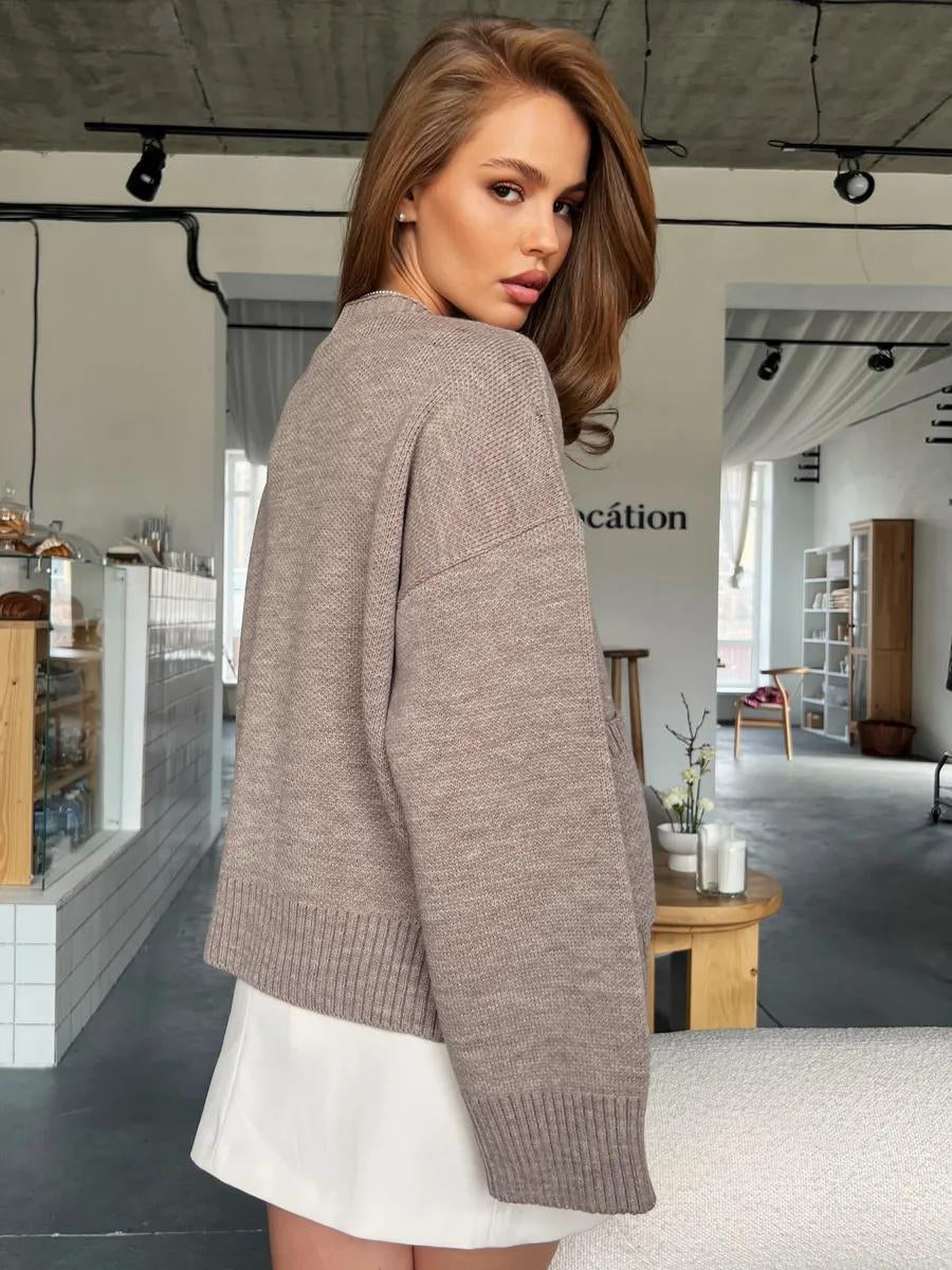 V-Neck Pocket Women's Long Sleeve Knit Sweater Open Front Cardigan Button Loose Outerwear - Seldom Seen Styles