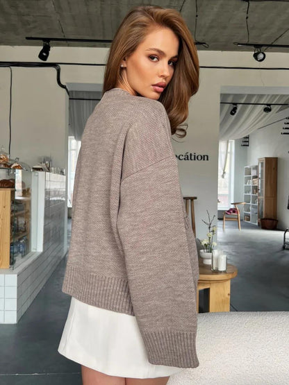 V-Neck Pocket Women's Long Sleeve Knit Sweater Open Front Cardigan Button Loose Outerwear - Seldom Seen Styles