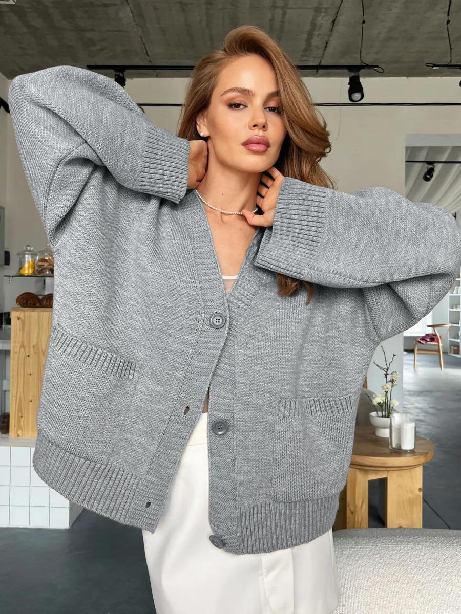 V-Neck Pocket Women's Long Sleeve Knit Sweater Open Front Cardigan Button Loose Outerwear - Seldom Seen Styles