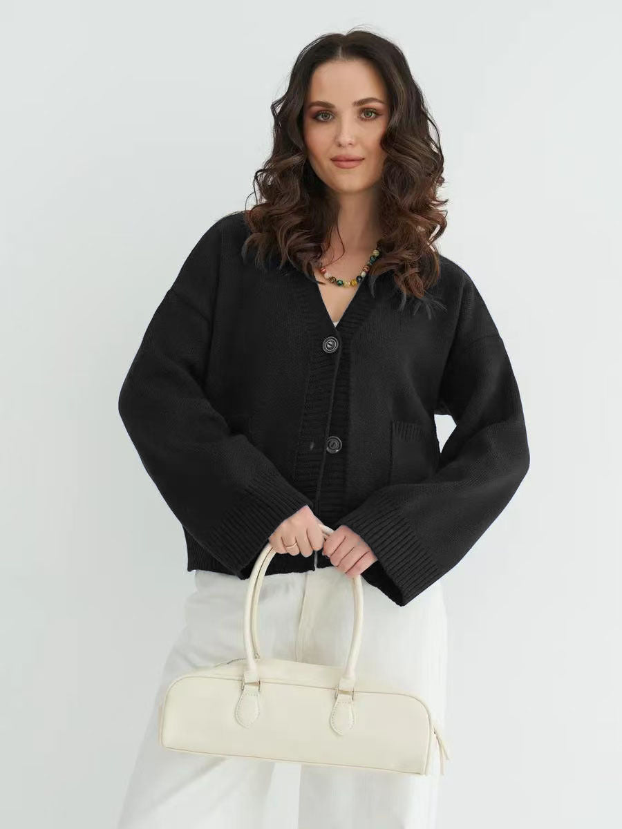 V-Neck Pocket Women's Long Sleeve Knit Sweater Open Front Cardigan Button Loose Outerwear - Seldom Seen Styles