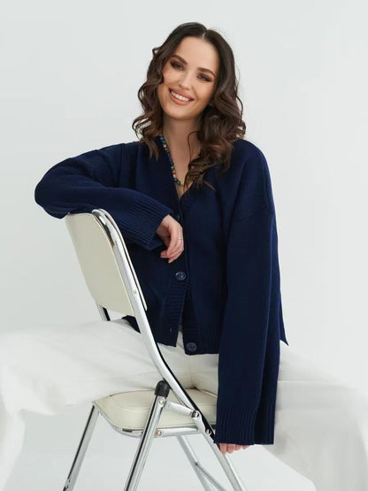 V-Neck Pocket Women's Long Sleeve Knit Sweater Open Front Cardigan Button Loose Outerwear - Seldom Seen Styles