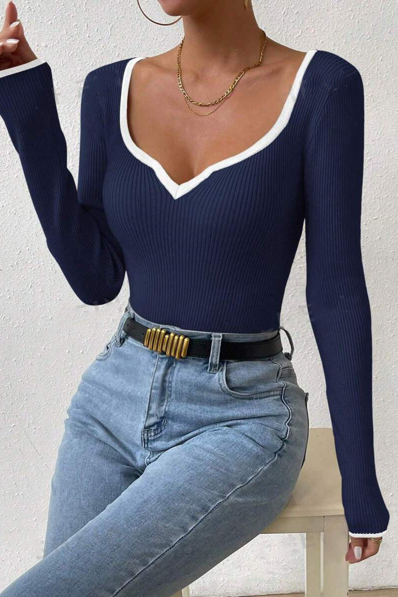 V-Neck Ribbed Fitted Women Sweetheart Neck Ribbed Knit Sweater Shirt Long Sleeve Contrast Binding Casual Slim Fitted Pullover Tee Top - Seldom Seen Styles