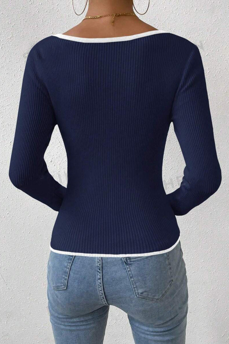 V-Neck Ribbed Fitted Women Sweetheart Neck Ribbed Knit Sweater Shirt Long Sleeve Contrast Binding Casual Slim Fitted Pullover Tee Top - Seldom Seen Styles