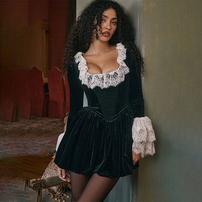 Velvet Lace Patchwork Wrap Mini Dress - Seldom Seen Styles