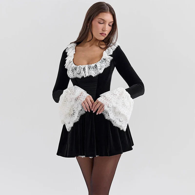 Velvet Lace Patchwork Wrap Mini Dress - Seldom Seen Styles