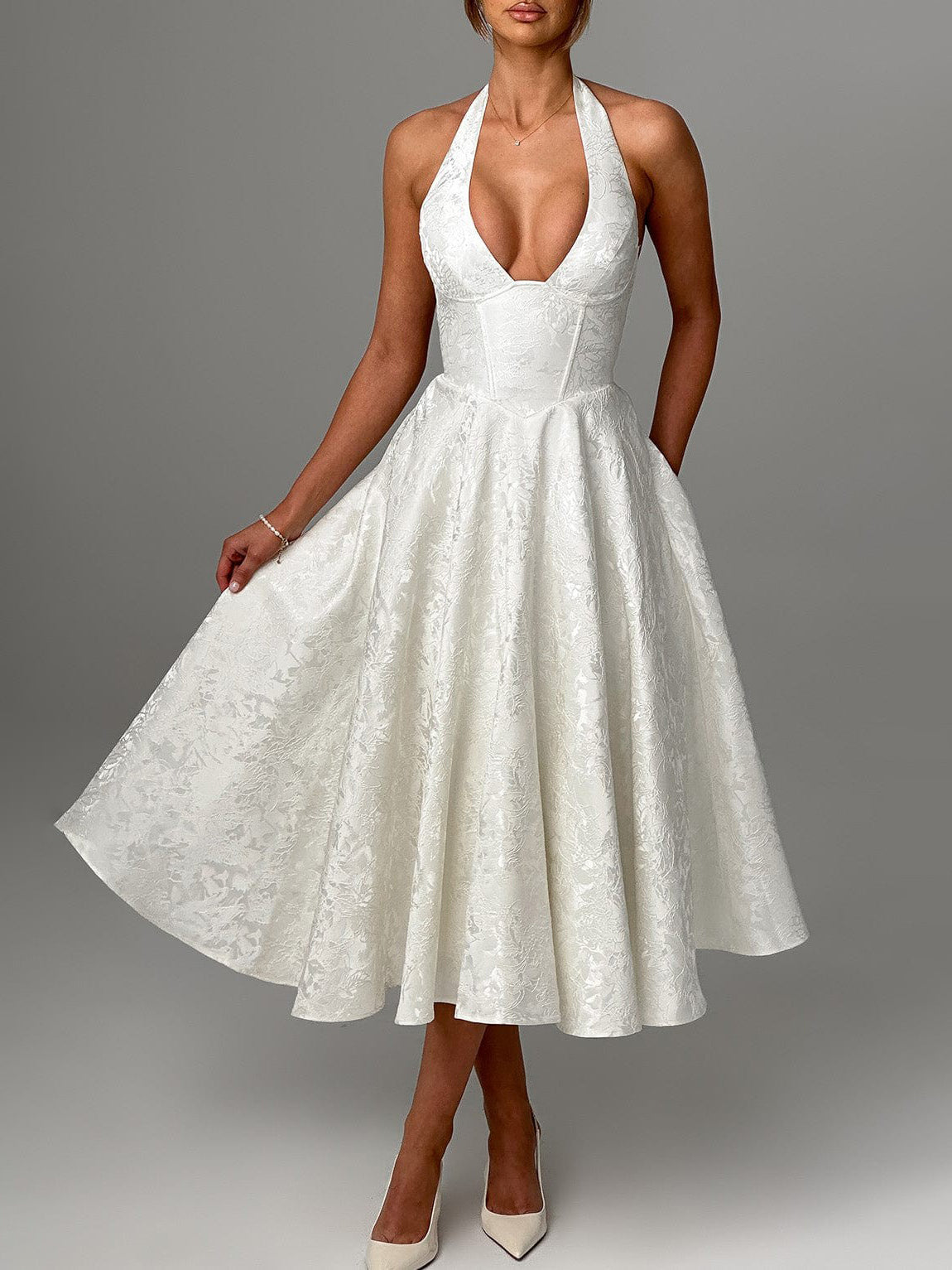 Vintage Elegant Jacquard V-Neck Halter Midi Dress - Seldom Seen Styles