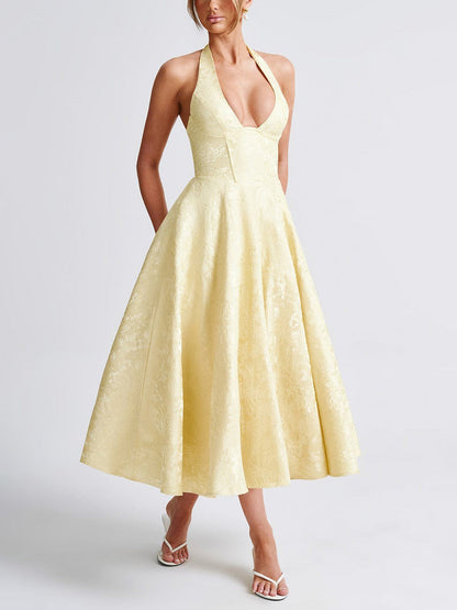 Vintage Elegant Jacquard V-Neck Halter Midi Dress - Seldom Seen Styles