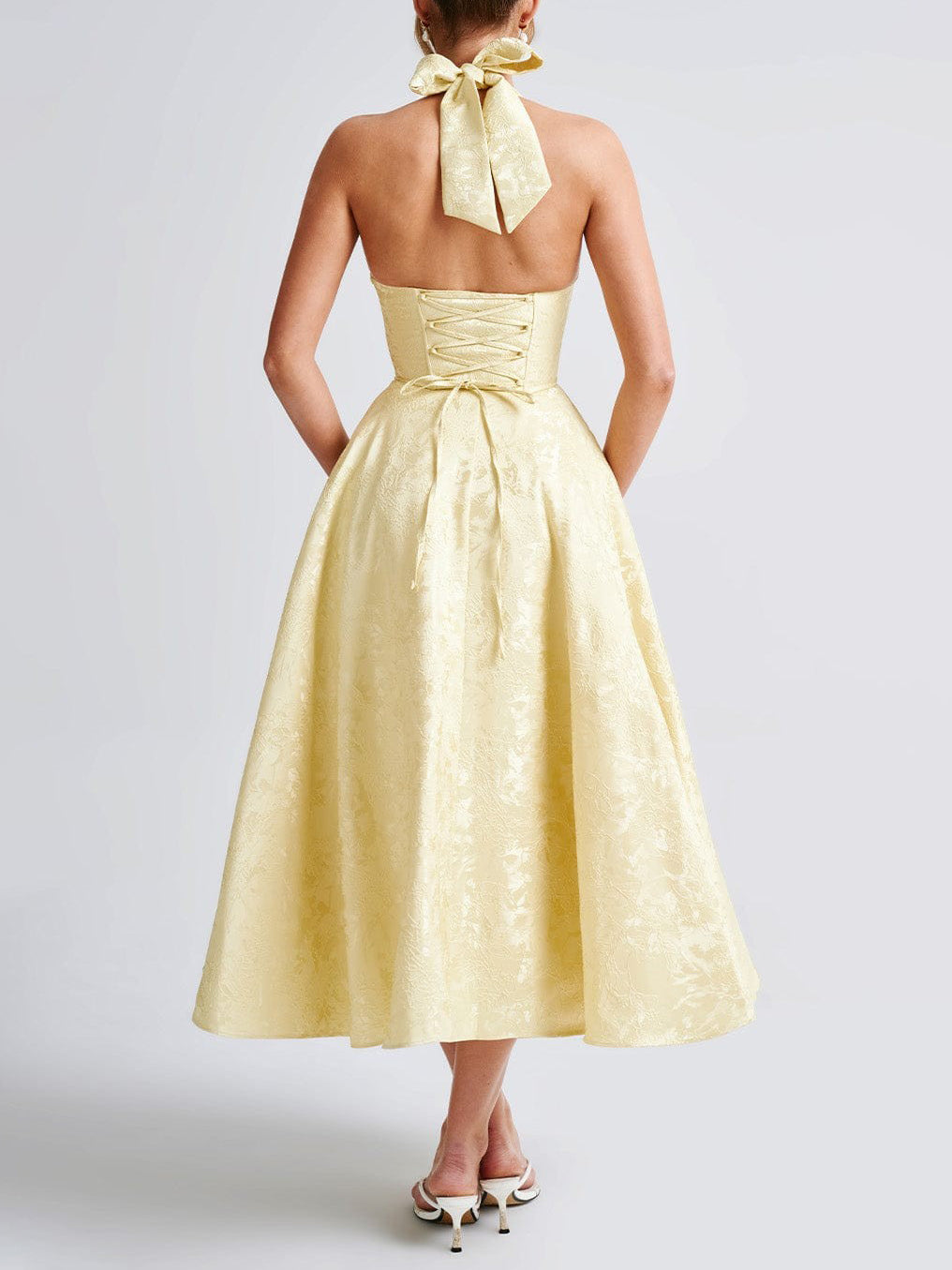 Vintage Elegant Jacquard V-Neck Halter Midi Dress - Seldom Seen Styles