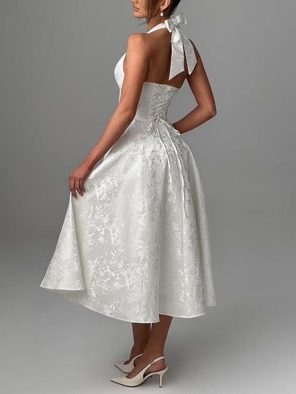 Vintage Elegant Jacquard V-Neck Halter Midi Dress - Seldom Seen Styles