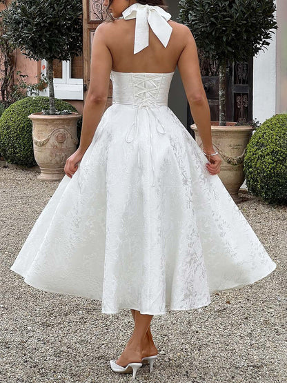 Vintage Elegant Jacquard V-Neck Halter Midi Dress - Seldom Seen Styles