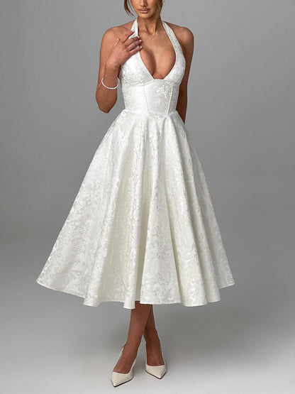 Vintage Elegant Jacquard V-Neck Halter Midi Dress - Seldom Seen Styles