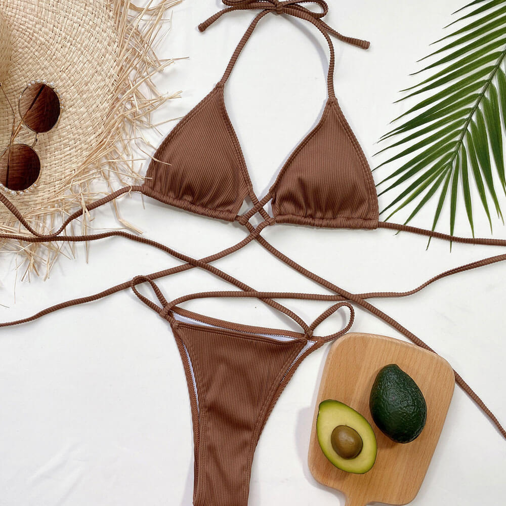 Vintage Ribbed Strappy Slide Triangle Brazilian Two Piece Bikini Swimsuit - Seldom Seen Styles