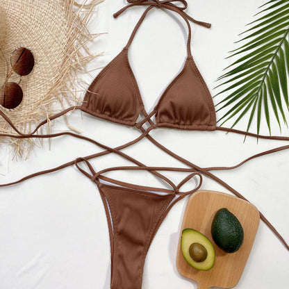 Vintage Ribbed Strappy Slide Triangle Brazilian Two Piece Bikini Swimsuit - Seldom Seen Styles