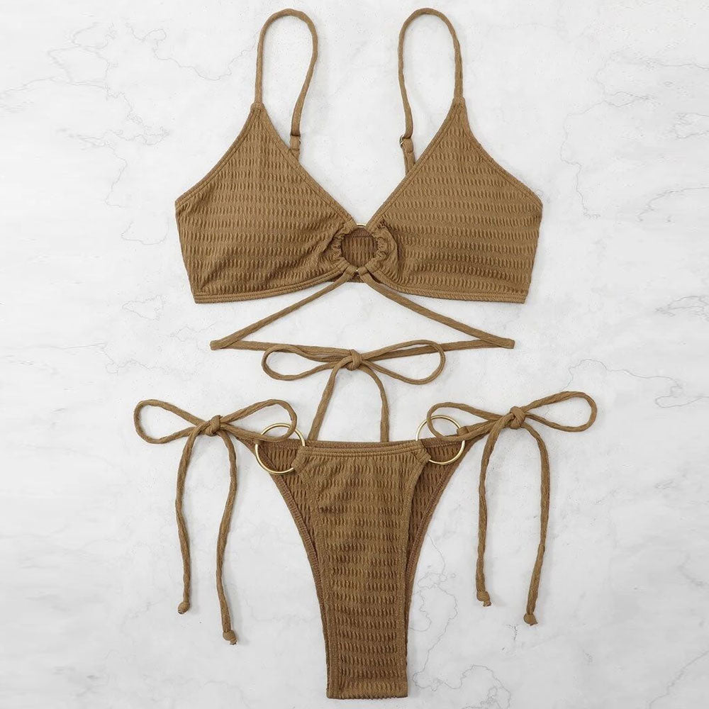 Vintage Textured Tie String O Ring Brazilian Two Piece Bikini Swimsuit - Seldom Seen Styles