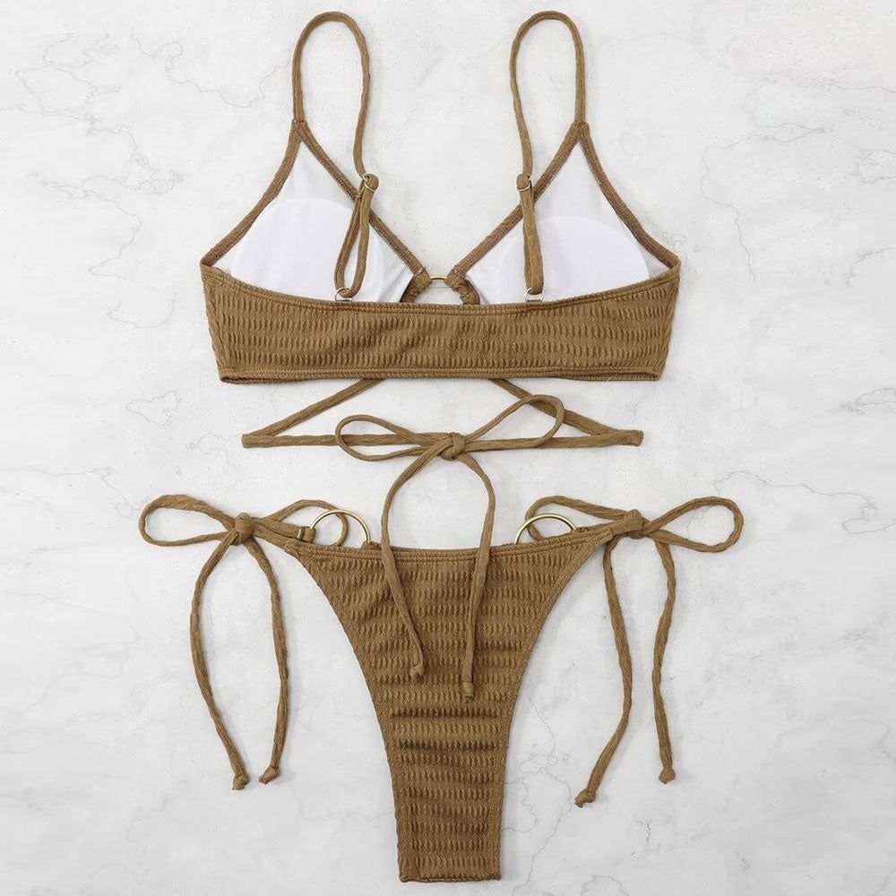 Vintage Textured Tie String O Ring Brazilian Two Piece Bikini Swimsuit - Seldom Seen Styles
