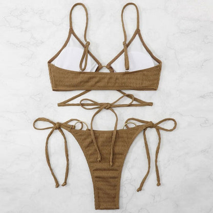 Vintage Textured Tie String O Ring Brazilian Two Piece Bikini Swimsuit - Seldom Seen Styles